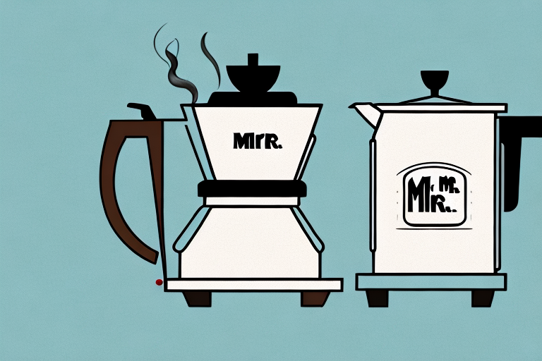 A mr. coffee 5 cup coffee maker with a steaming cup of coffee beside it