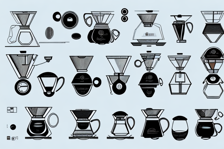 A coffee/espresso maker with its components in an exploded view