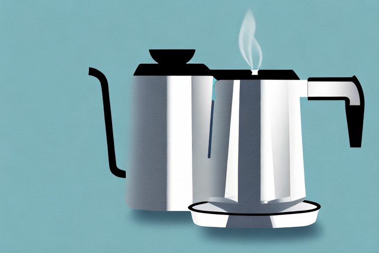A stainless steel coffee maker with steam rising from the spout